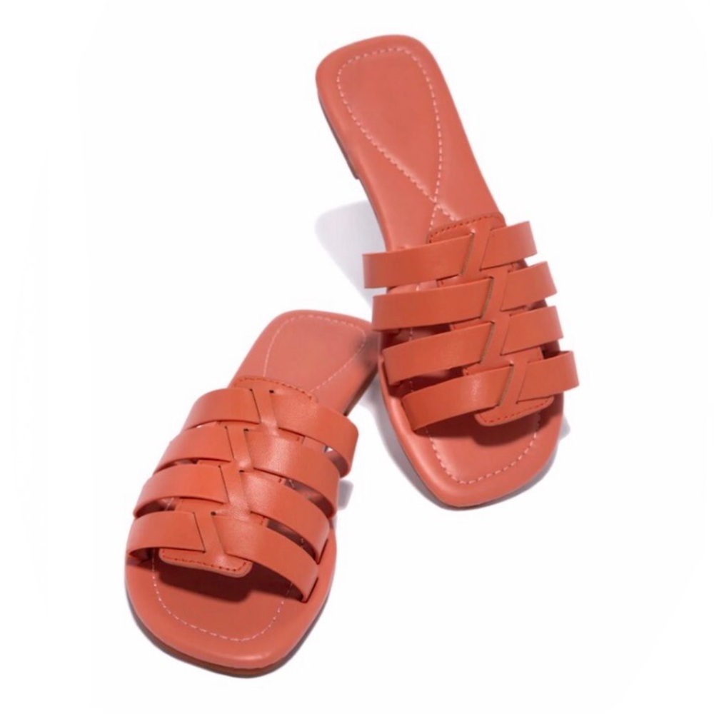 !! NEW !! Soft Vegan Leather Caged Slide Sandals in Deep Coral - Picture 2 of 9